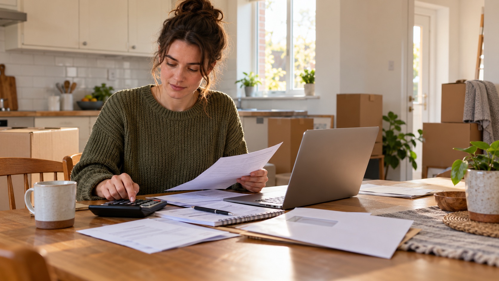 A resident reviews household bills after moving into a new home in England