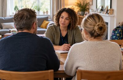 Prospective foster carers speaking with a social care adviser in a family home