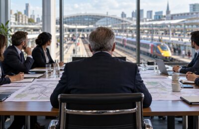 Railway leaders meet in a conference room overlooking a British station