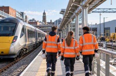 Rail apprentices in high-visibility clothing beside a modern train at a British station