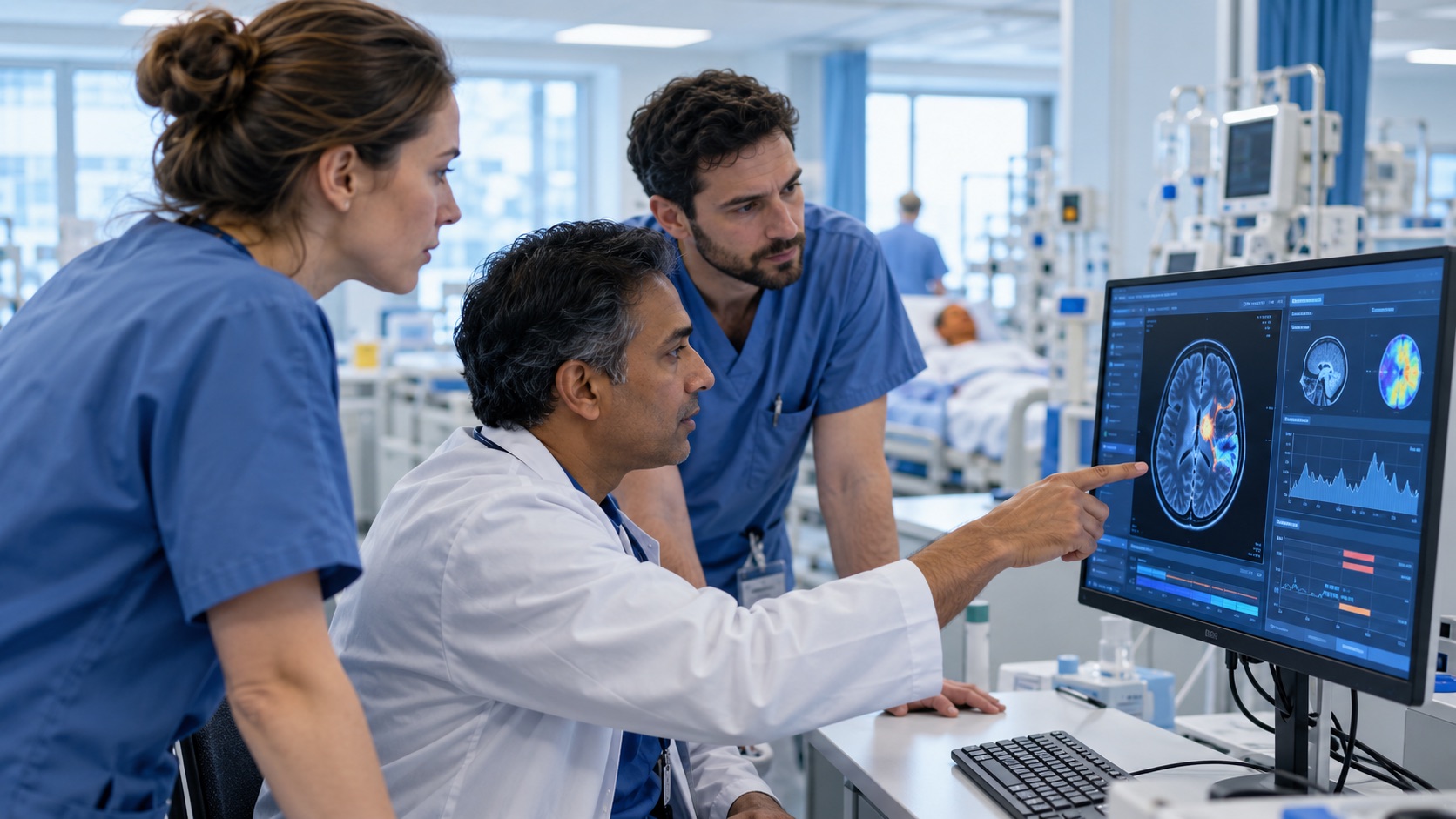 Clinicians review an AI-assisted medical scan in a modern UK hospital