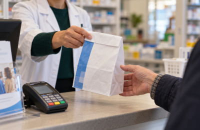 A pharmacist hands a prescription medicine bag to a customer