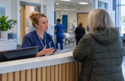 A clinician speaks with a patient at an urgent care centre in England