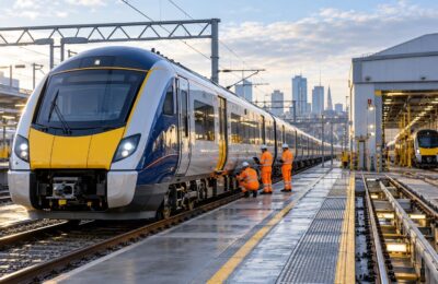 A modern passenger train at a British rail depot