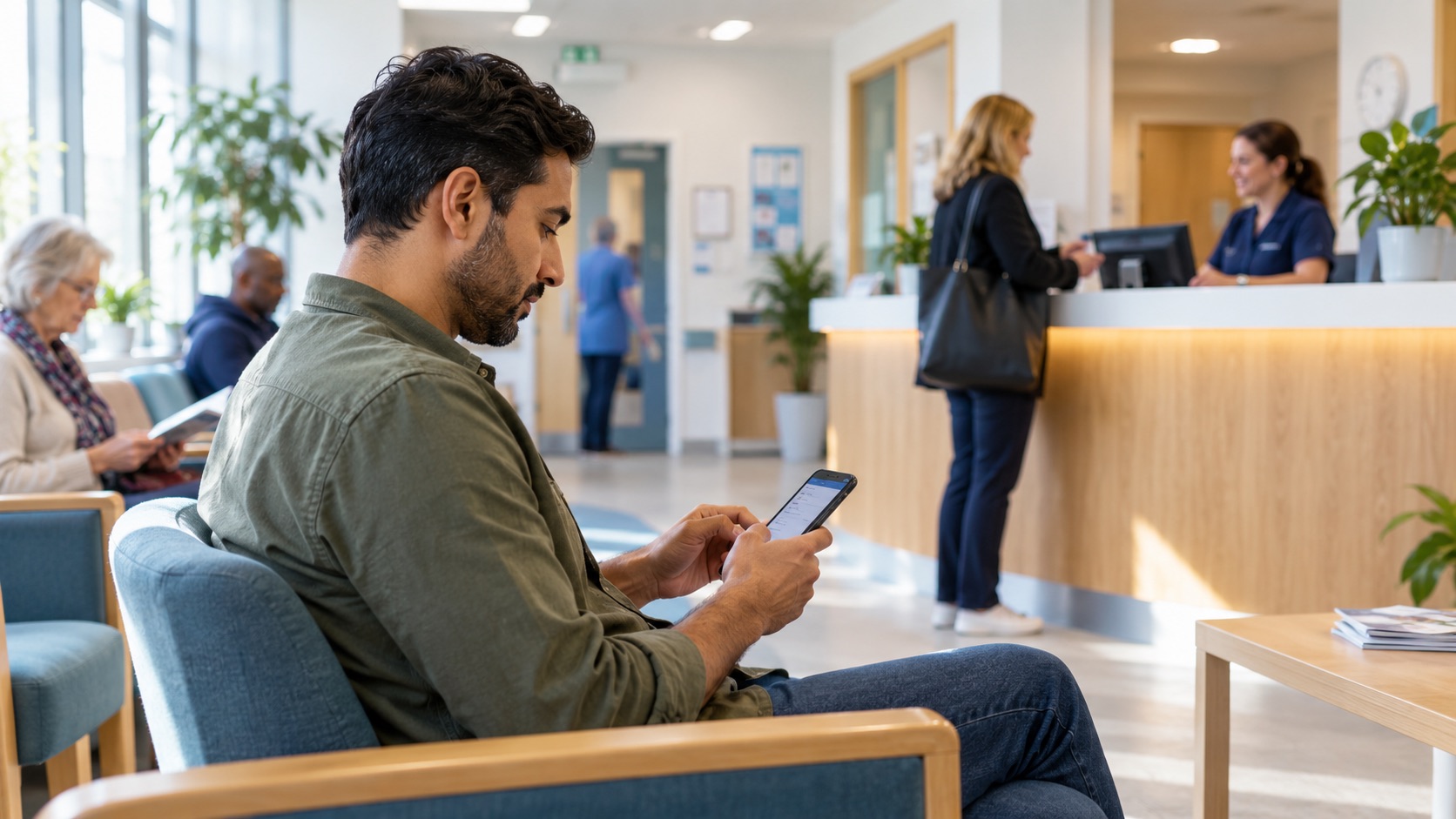 A patient completes GP registration on a phone in a modern surgery waiting room