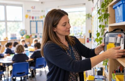 A teacher checks an emergency allergy kit in a UK classroom
