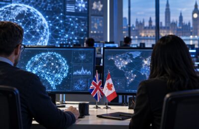 UK and Canadian flags in an artificial intelligence security research centre