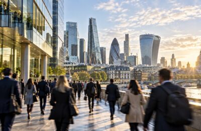 Commuters walk through London's financial district in morning light
