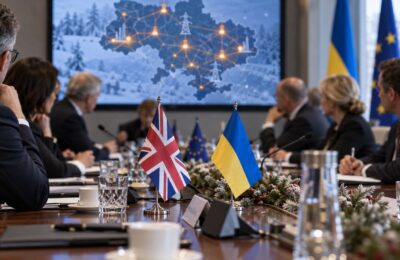 UK and Ukrainian flags at a European security meeting on energy infrastructure